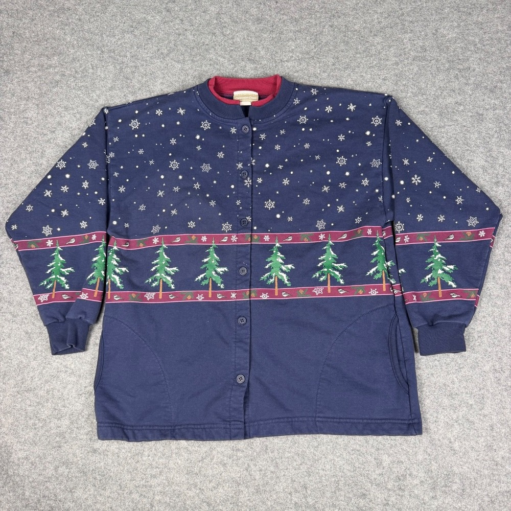 Coldwater Creek Christmas Sweatshirt L Cardigan Button Winter Tree Blue USA Made